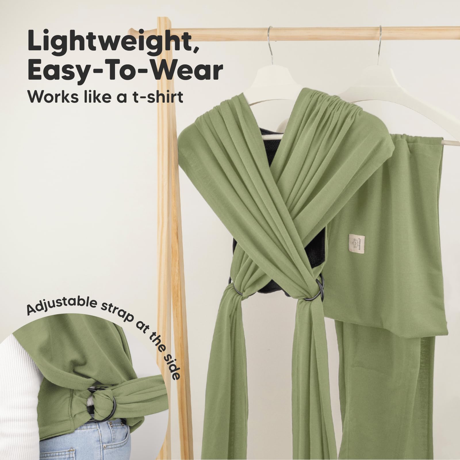 KeaBabies dusty olive wrap worn by parent in hands-free bonding setup