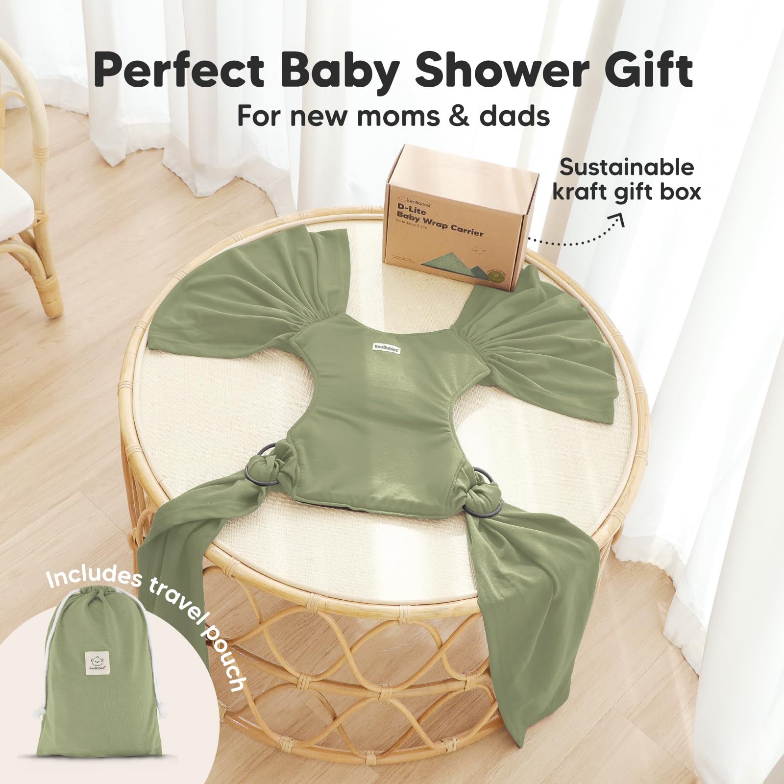 KeaBabies dusty olive wrap supports babies from 7 to 44 lbs for growing use