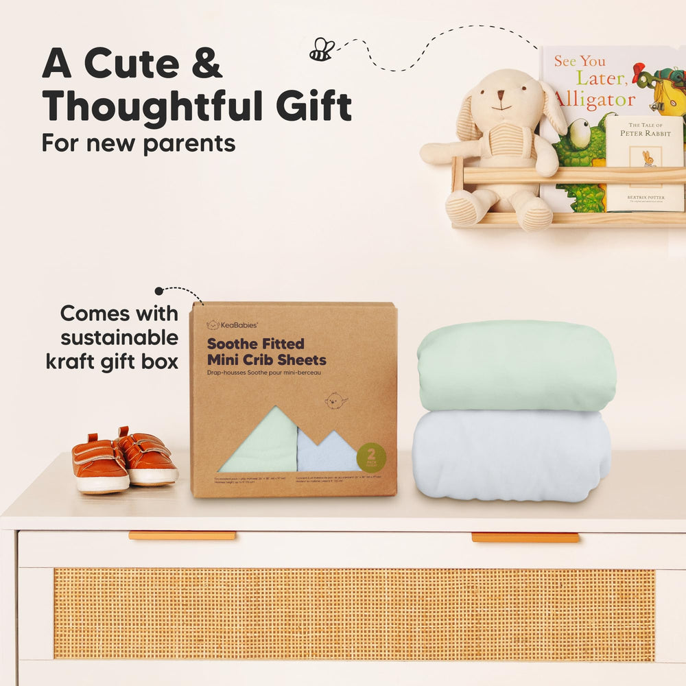 KeaBabies easy-on/off fitted sheets simplify routine changes.
