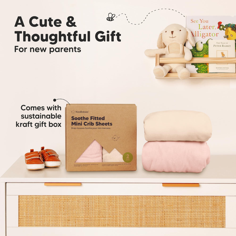 KeaBabies easy-on-off mini crib sheets demonstrated with stretch knit.