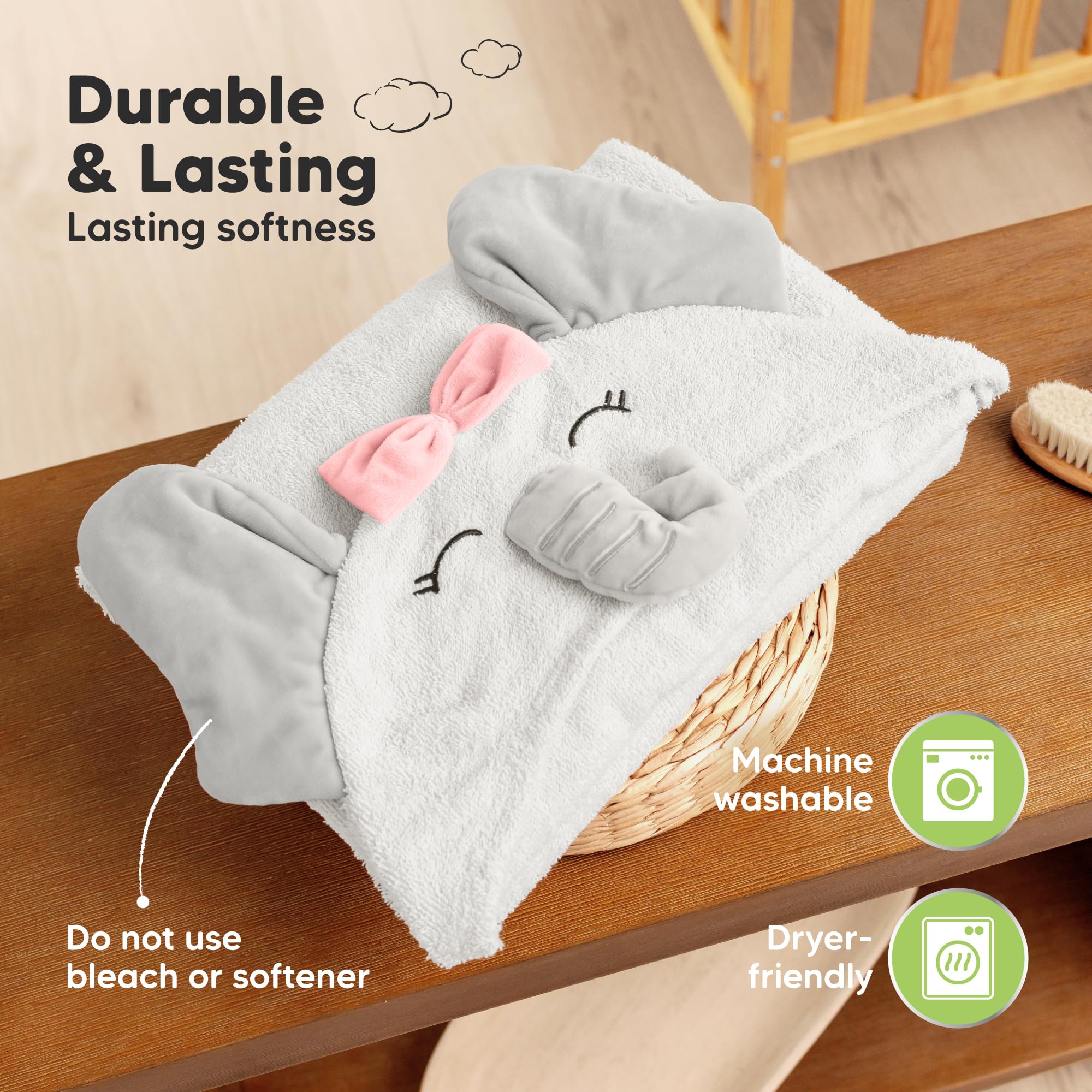 KeaBabies Ella animal hood design adds playful bath time charm.