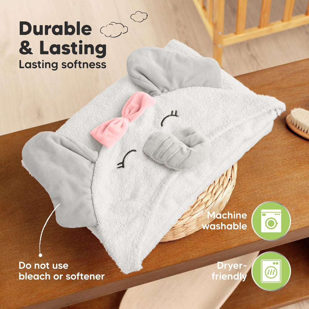 KeaBabies Ella animal hood design adds playful bath time charm.
