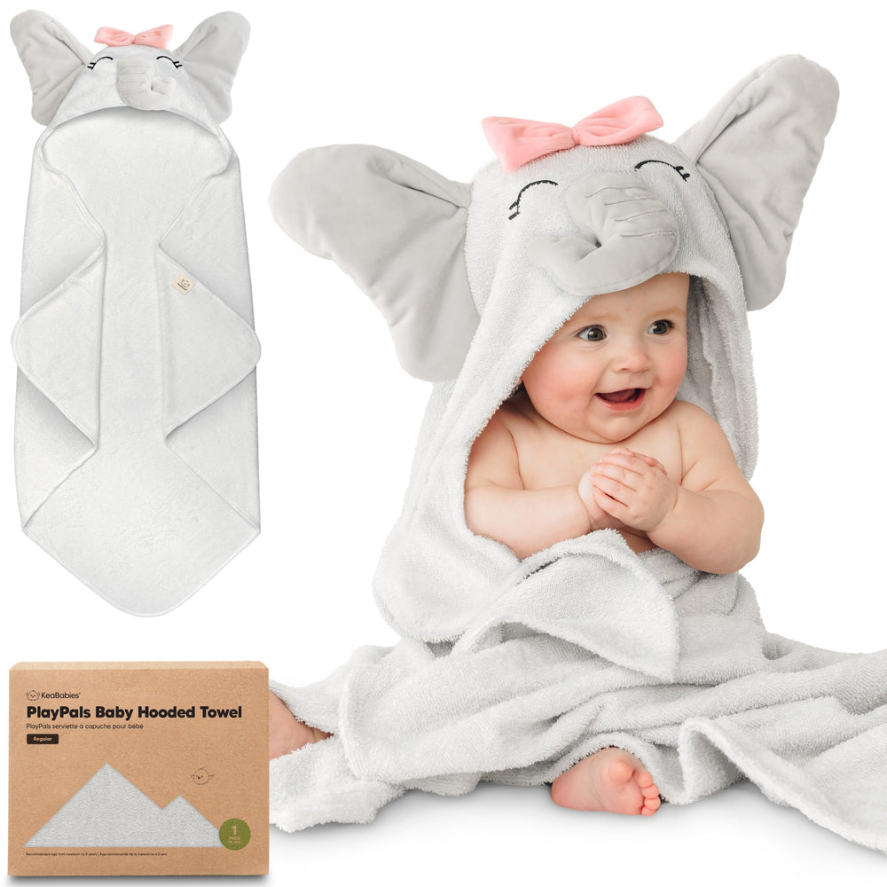 KeaBabies Ella hooded towel with animal hood provides cozy bath time warmth.