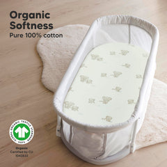 KeaBabies Elly bassinet sheets on mattress demonstrate universal fit and snug stability.