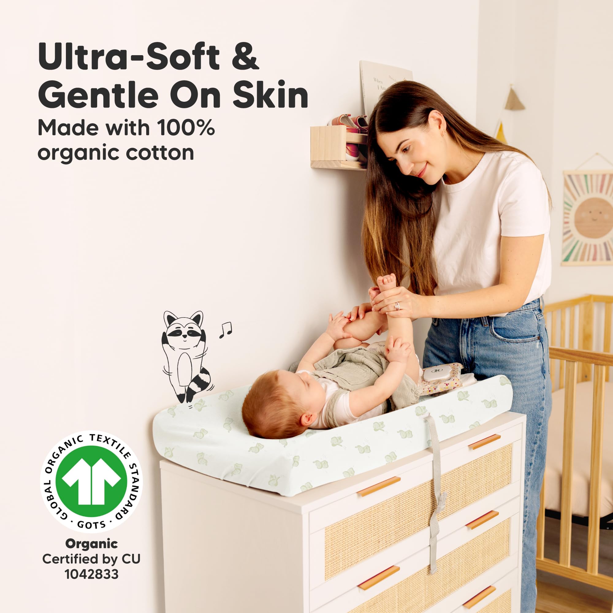 KeaBabies Elly changing pad cover fit 32x16 close-up shows secure buckle hole compatibility.