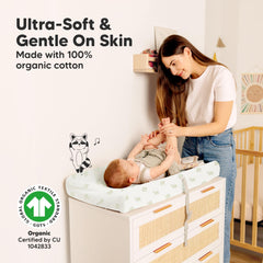 KeaBabies Elly changing pad cover fit 32x16 close-up shows secure buckle hole compatibility.