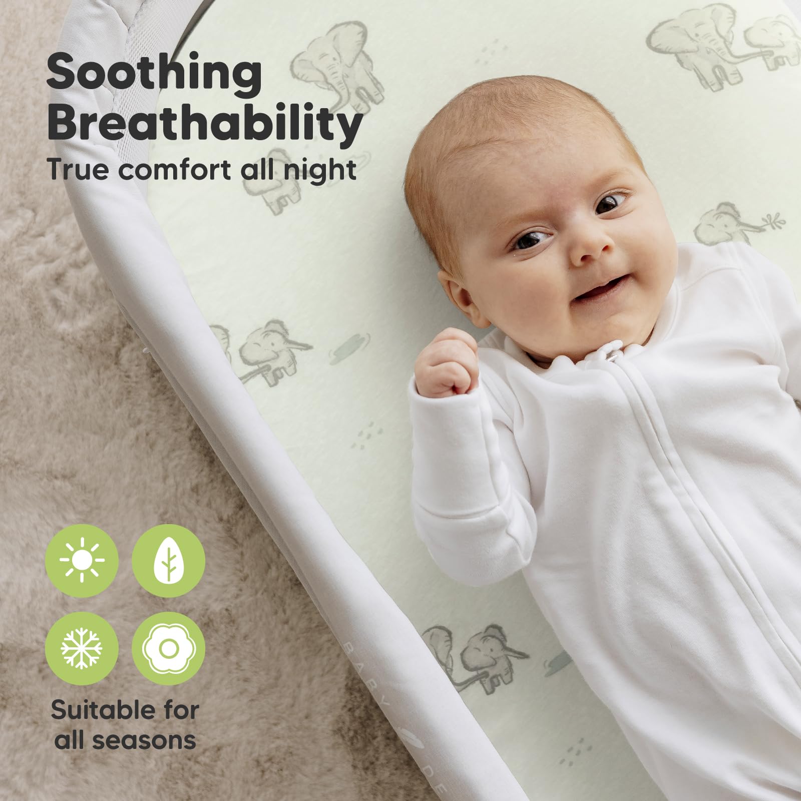 KeaBabies Elly SnugFit Tech stretch demonstrates easy on/off bassinet sheet.