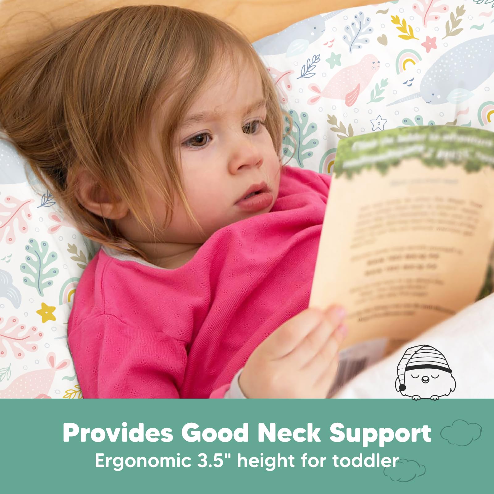 KeaBabies ergonomic Narwhal pillow supports neck during sleep