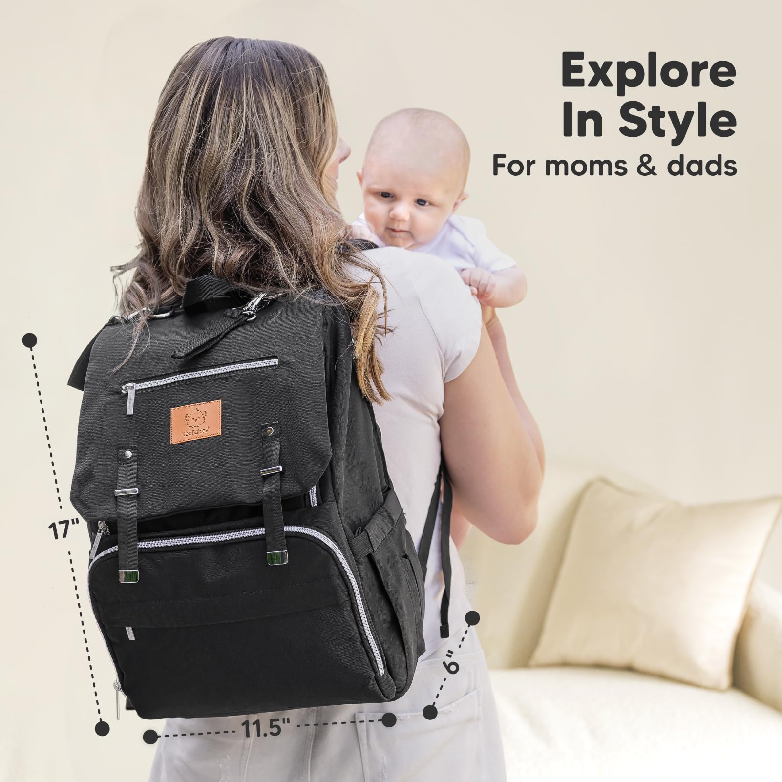 KeaBabies Explorer bag with changing pad enables quick diaper changes on the go.