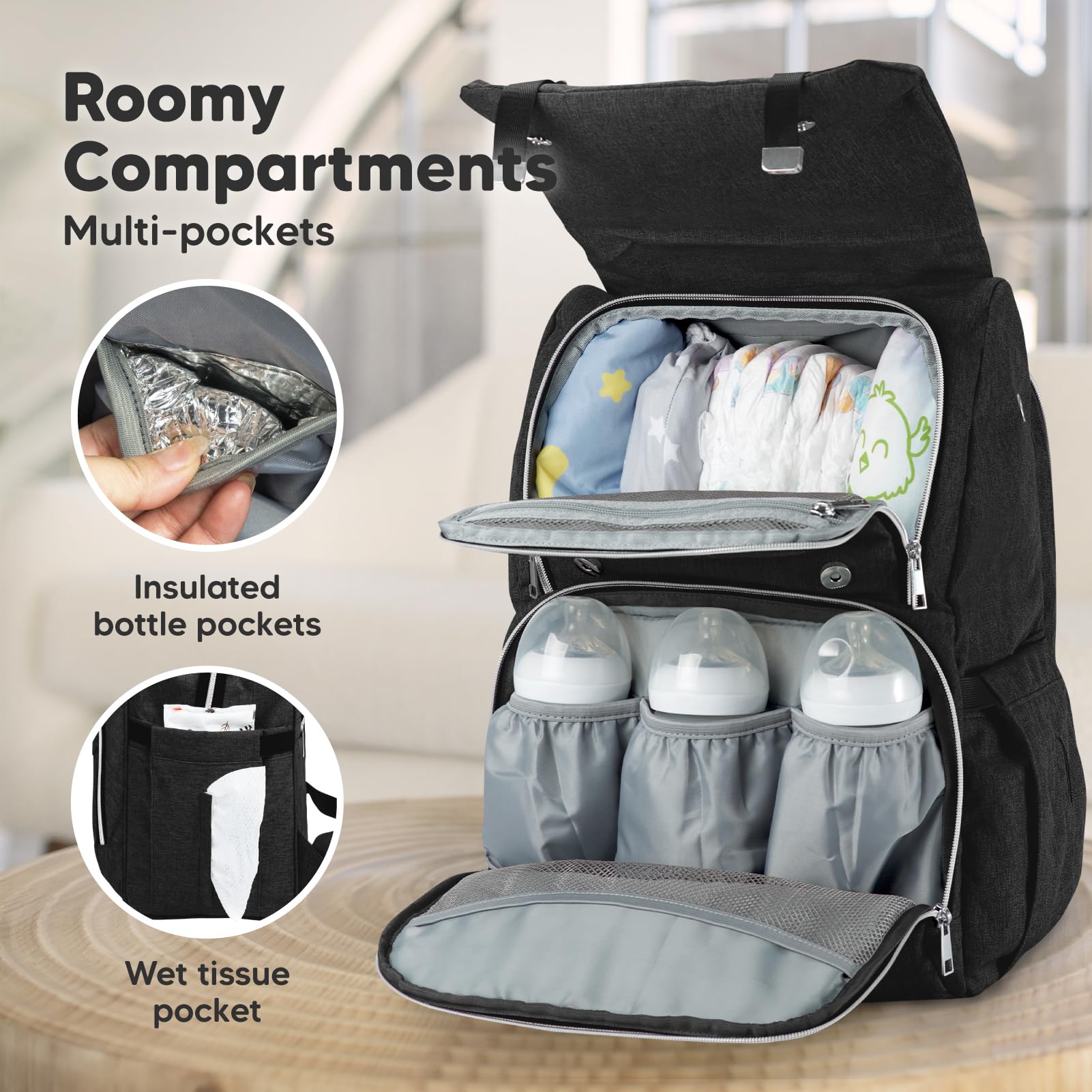 KeaBabies Explorer bag interior layout highlights organized space for diapers and wipes.