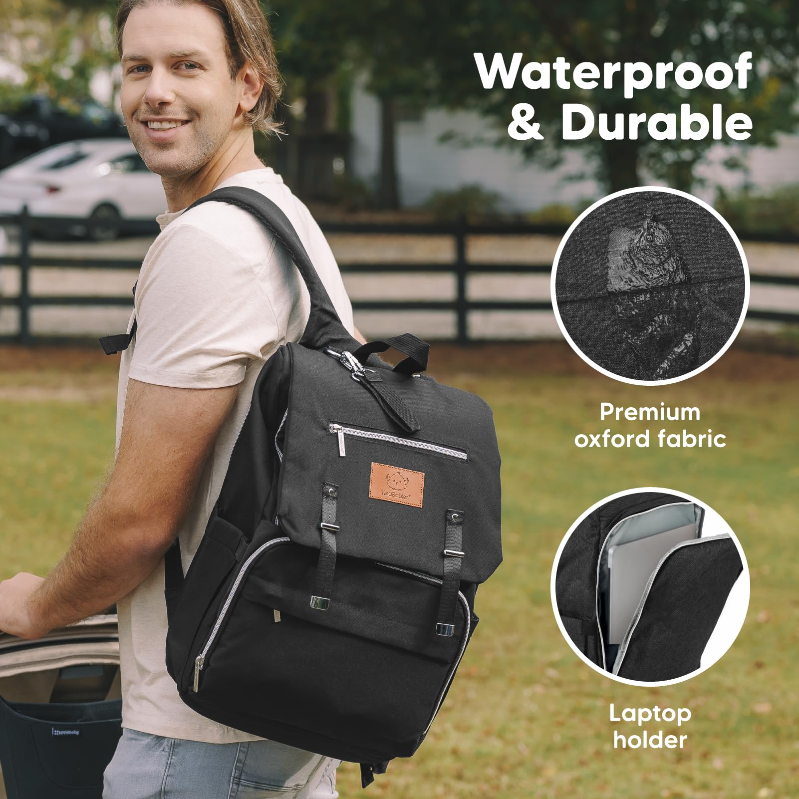 KeaBabies Explorer bag fabric is water-resistant for outdoor adventures and splashes.
