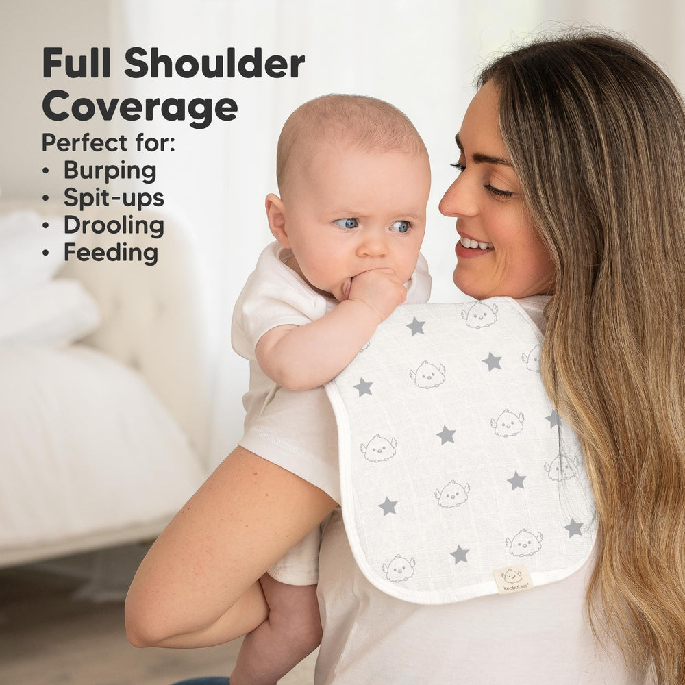 KeaBabies figure-8 design burp cloths provide secure shoulder coverage.