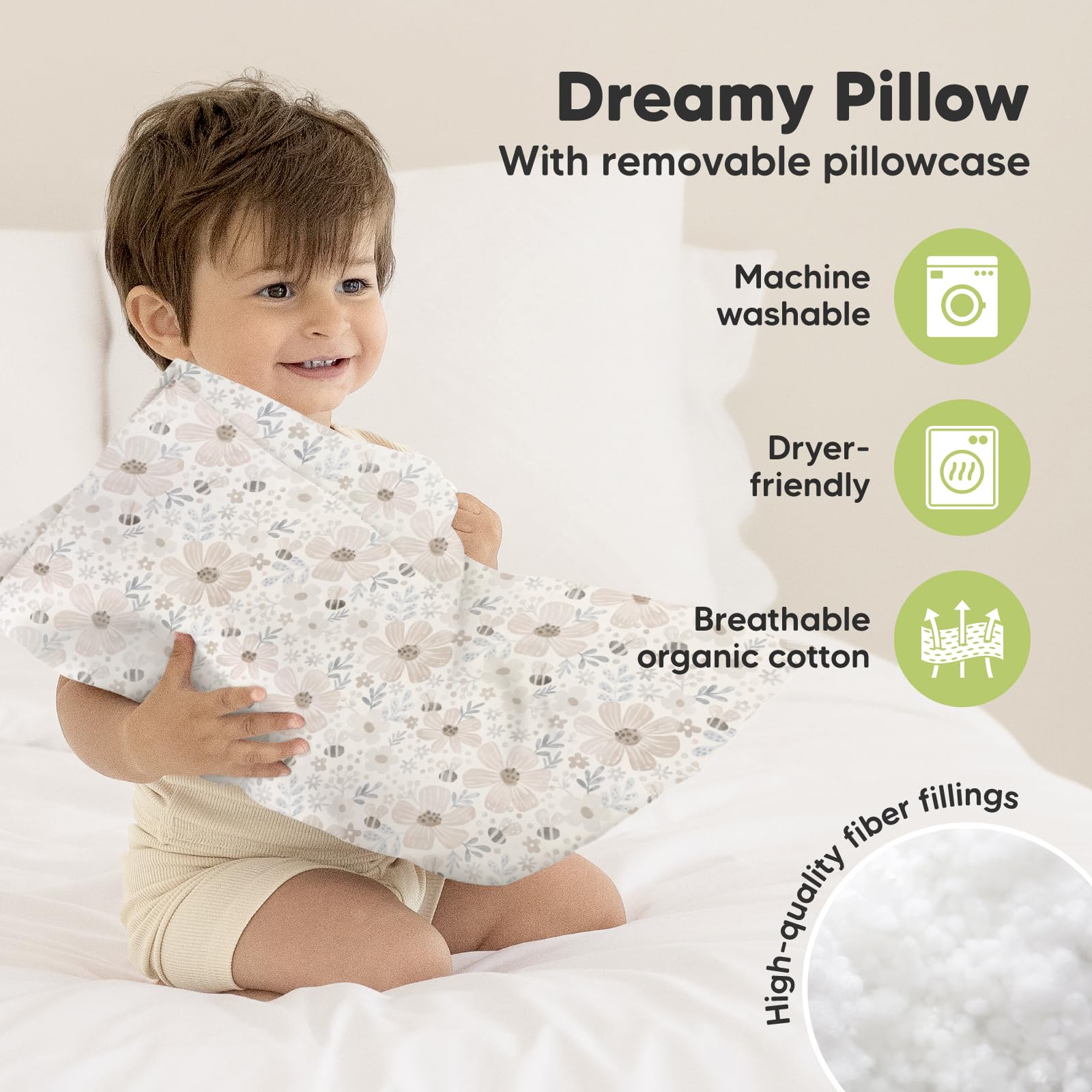 KeaBabies Flora Vale toddler pillow in-use during a nap showcases compact travel-friendly design