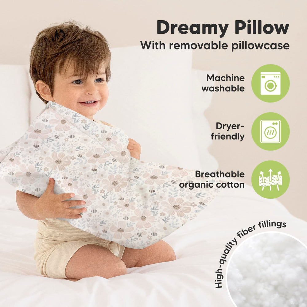 KeaBabies Flora Vale toddler pillow in-use during a nap showcases compact travel-friendly design