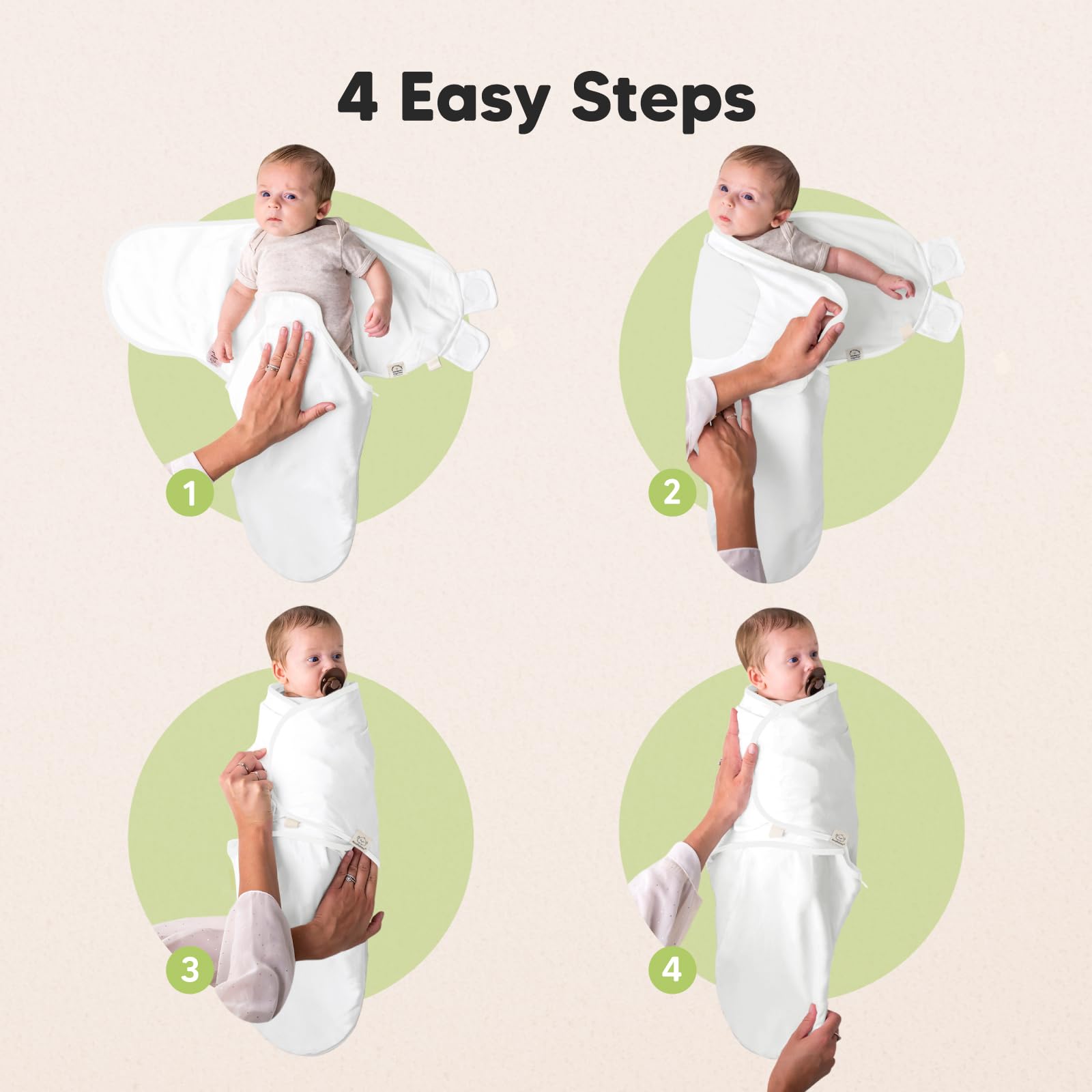 KeaBabies four-step swaddle setup illustrated on product image
