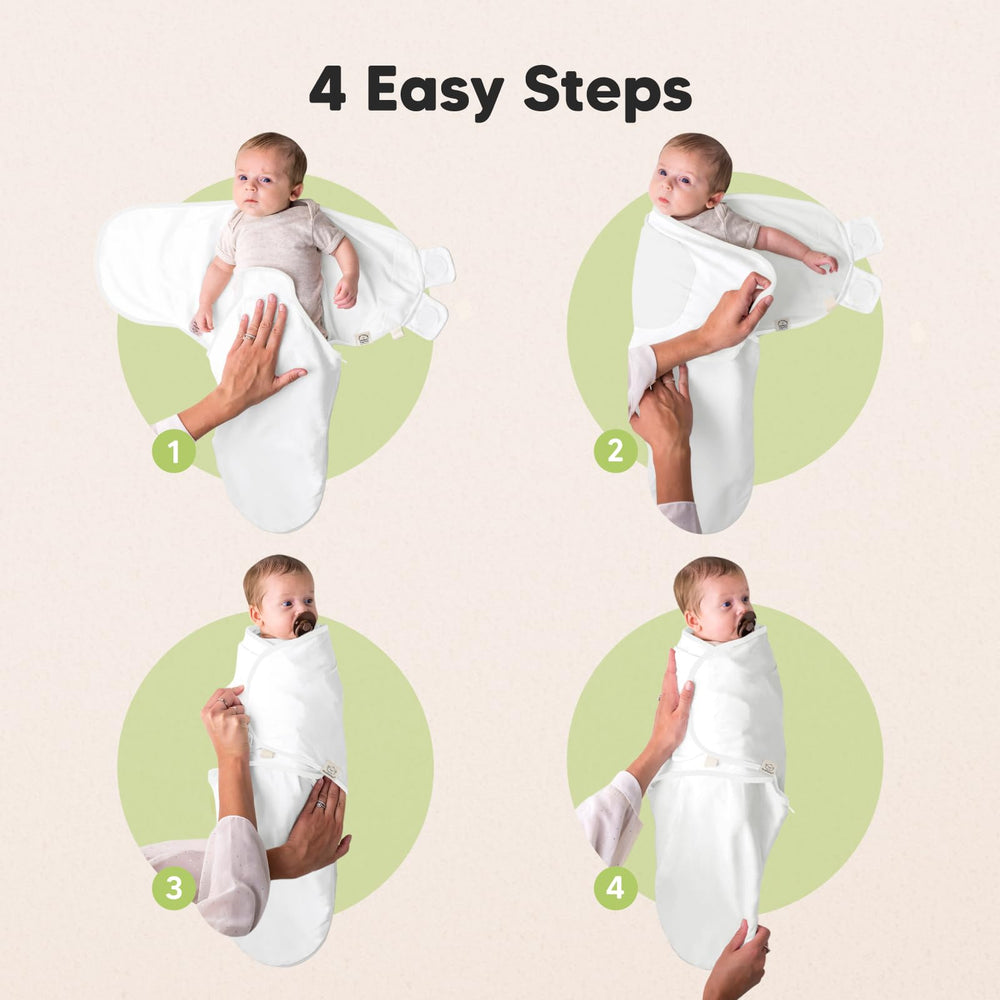 KeaBabies four-step swaddle setup illustrated on product image