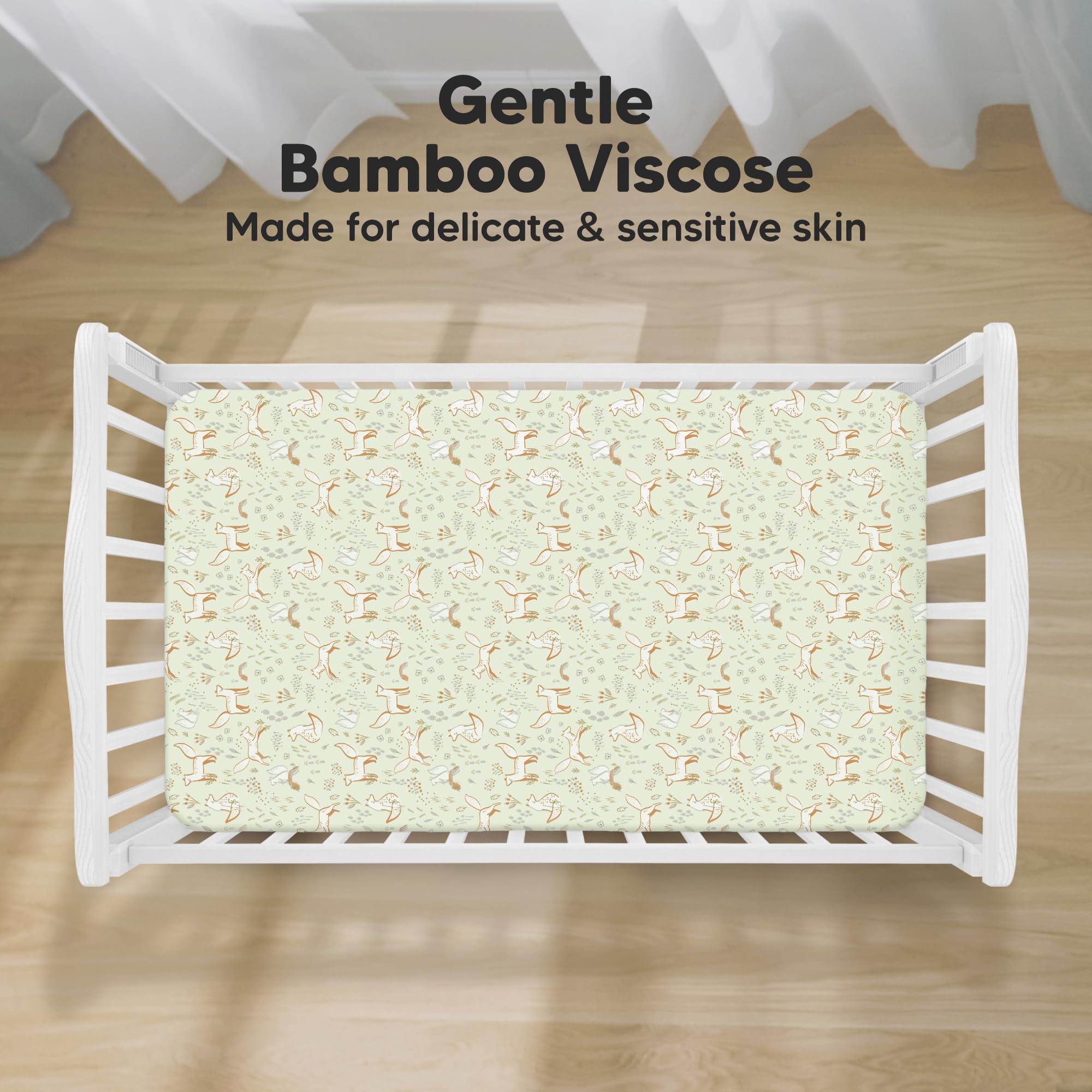 KeaBabies Foxtrot crib sheet on mattress demonstrates 52x28 fit and secure feel