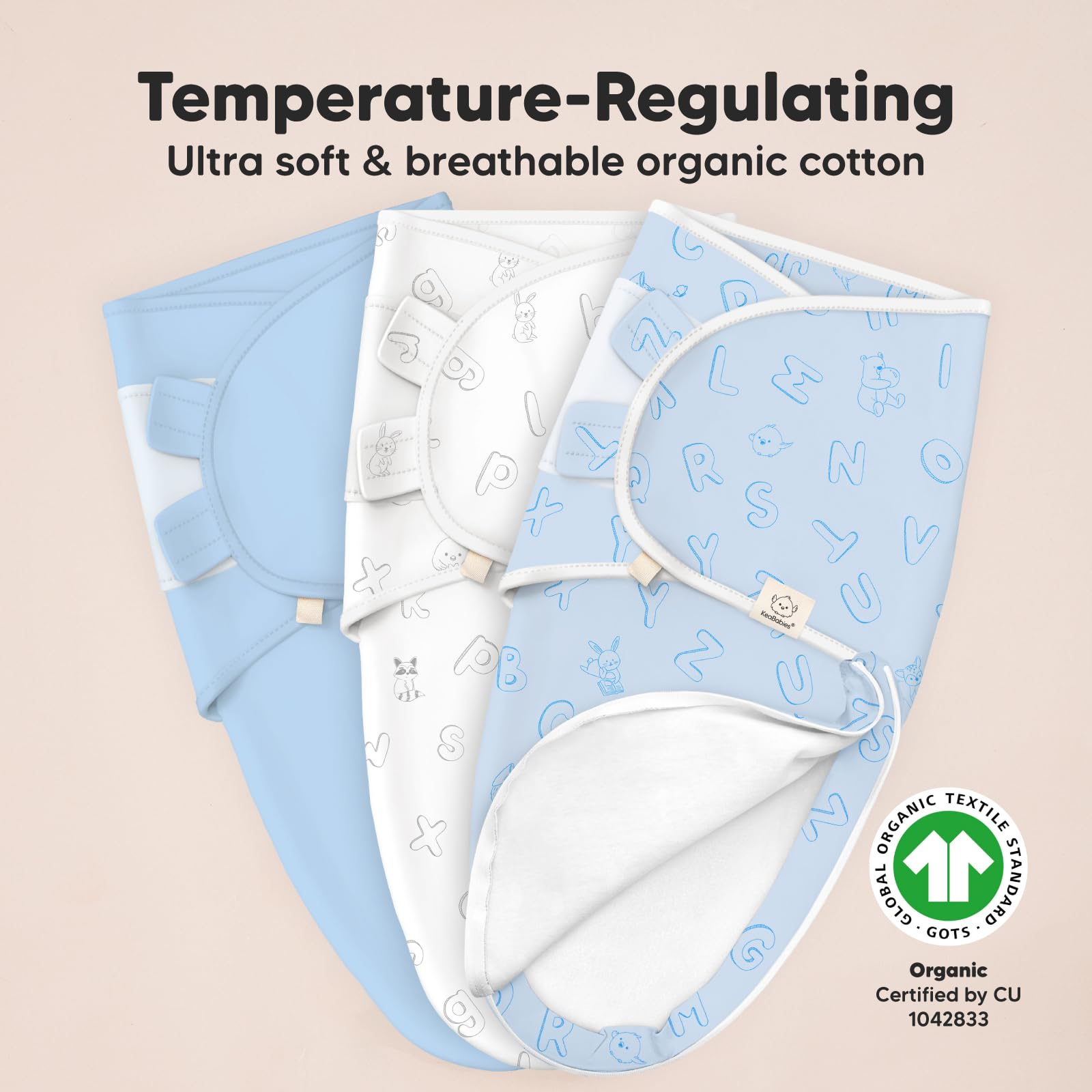 KeaBabies fully-lined zipper demonstrates easy diaper changes without unwrapping.