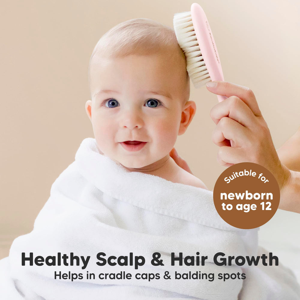 KeaBabies goat bristle brush close-up for gentle scalp care.