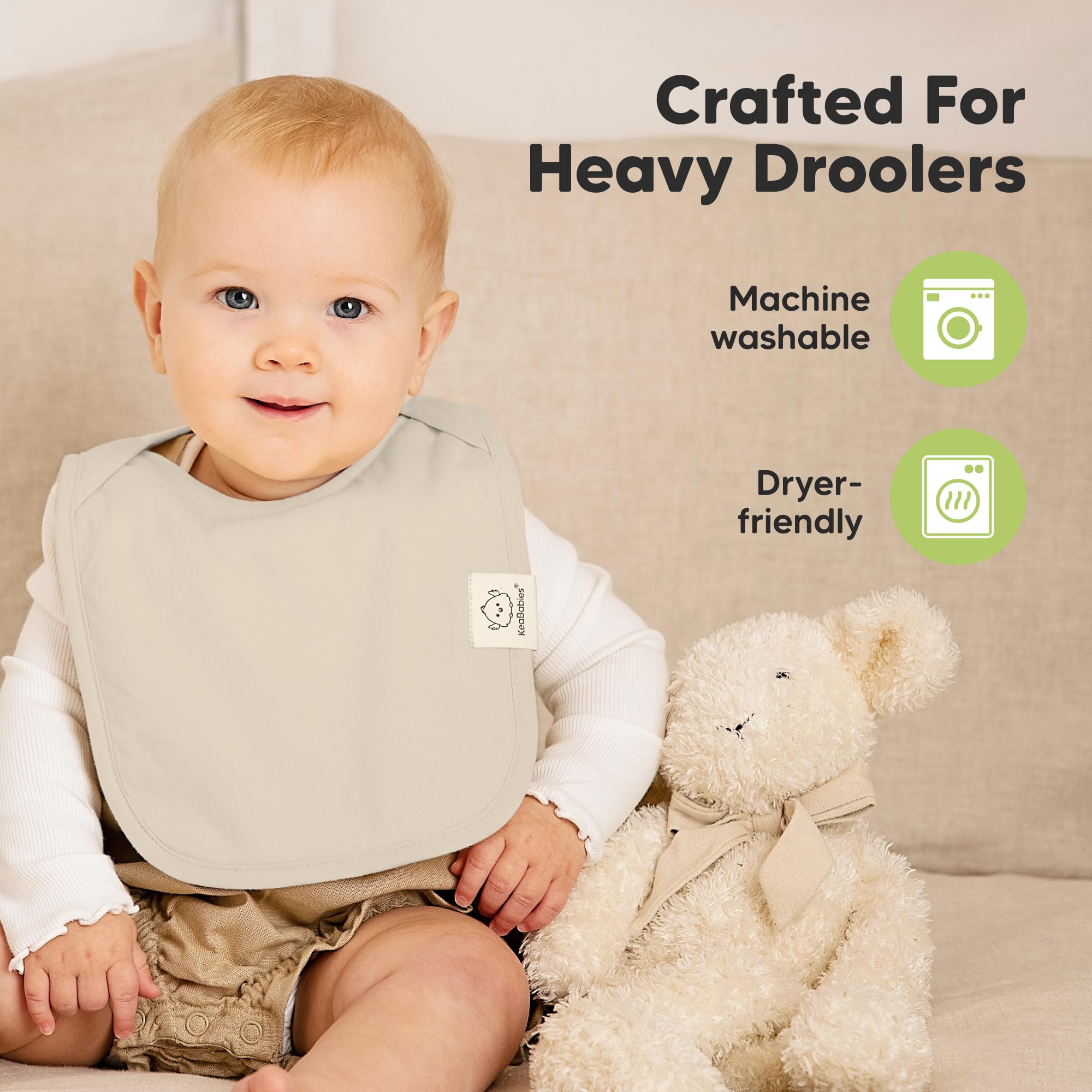 KeaBabies Hallo bib provides large torso coverage for active babies.