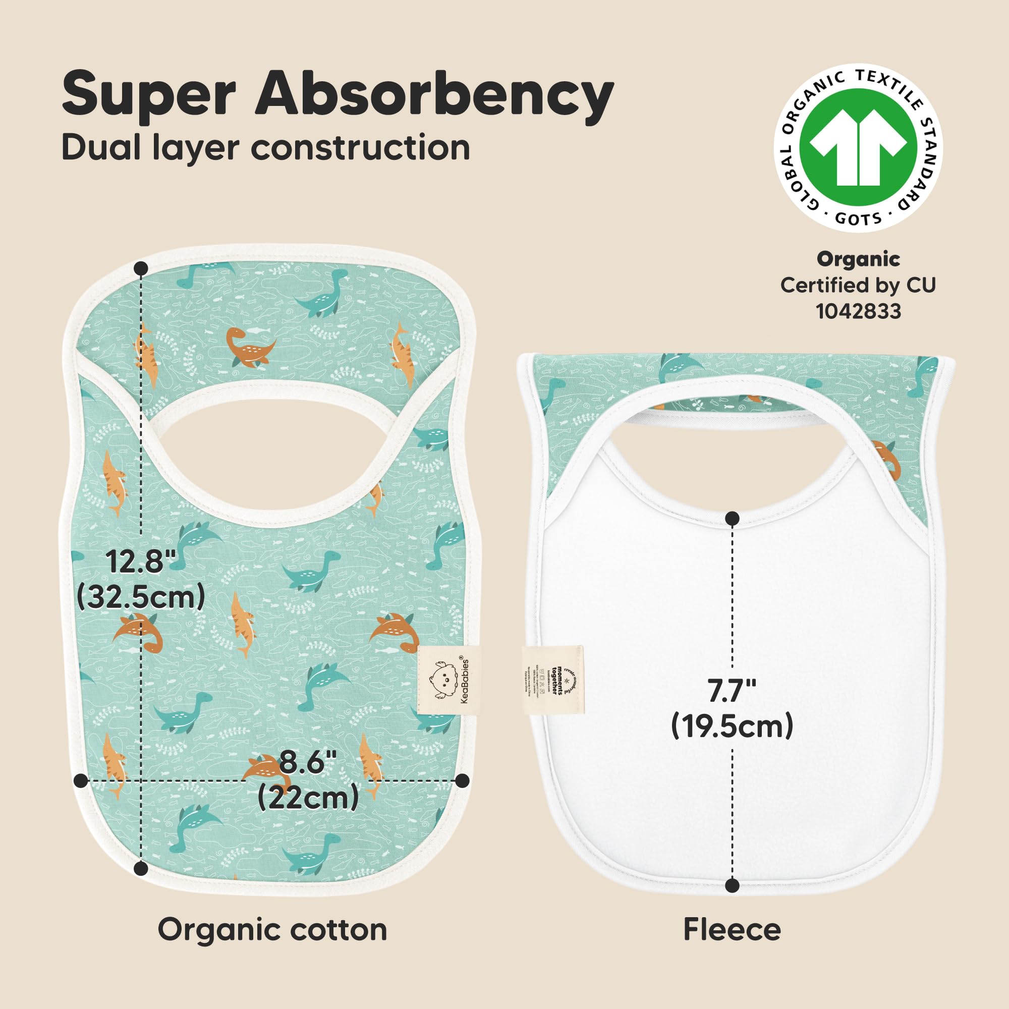 KeaBabies Hallo bib with water-resistant fleece back for added absorption.