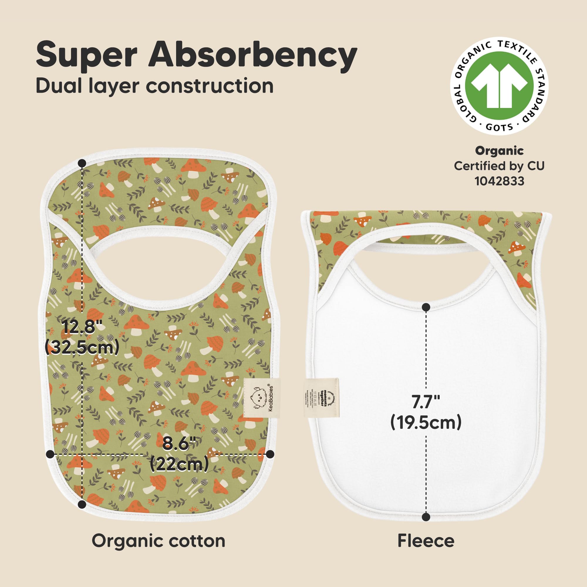 KeaBabies Hallo bib with water-resistant fleece backing for added absorption.