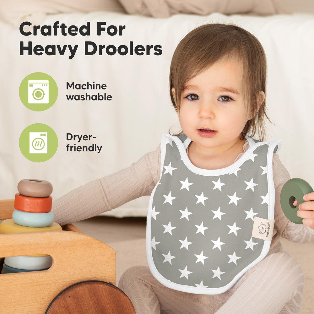 KeaBabies Hallo Baby Bibs pullover shoulder design stays on during play.