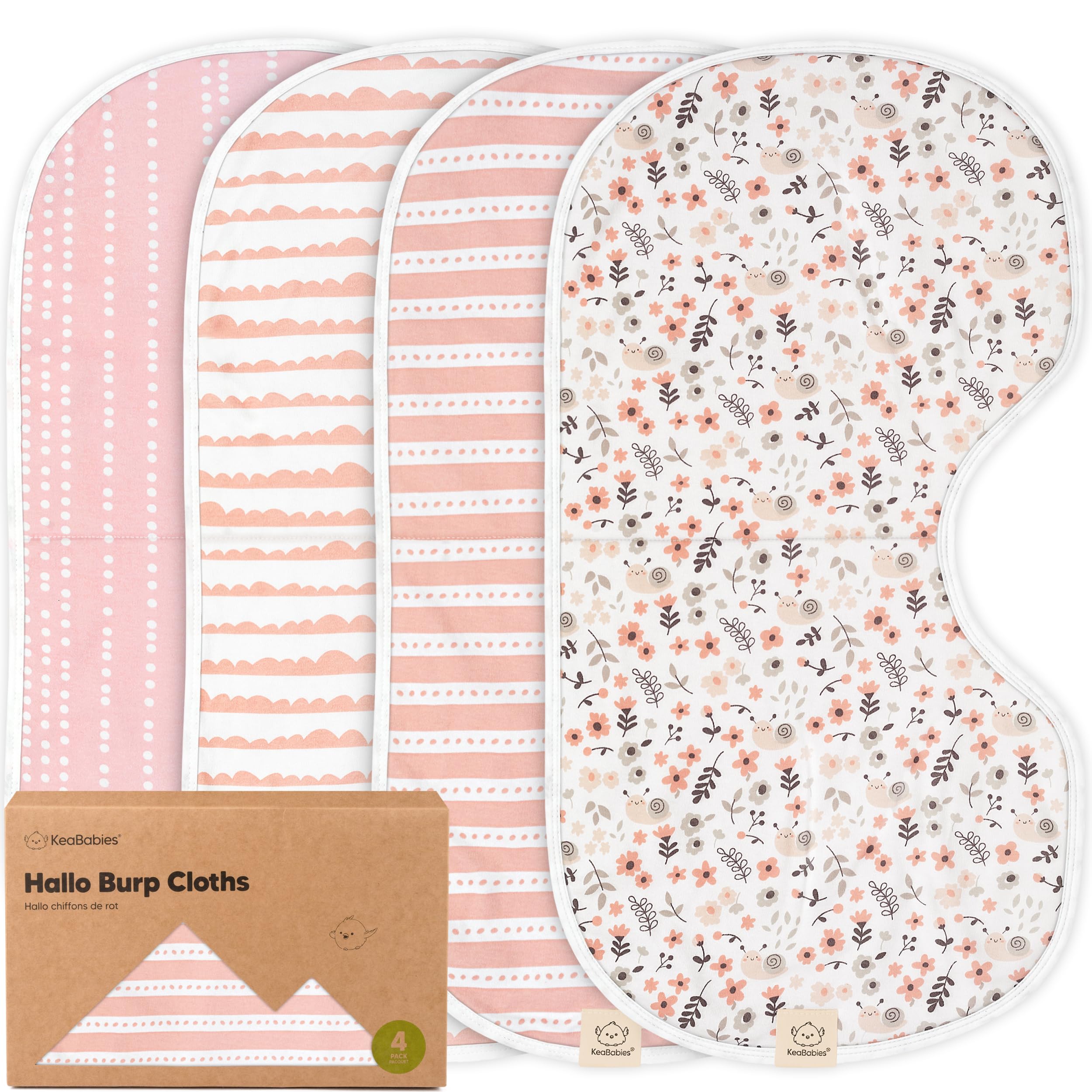 KeaBabies Hallo burp cloth coverage shows wide shoulder protection for feeding mishaps.