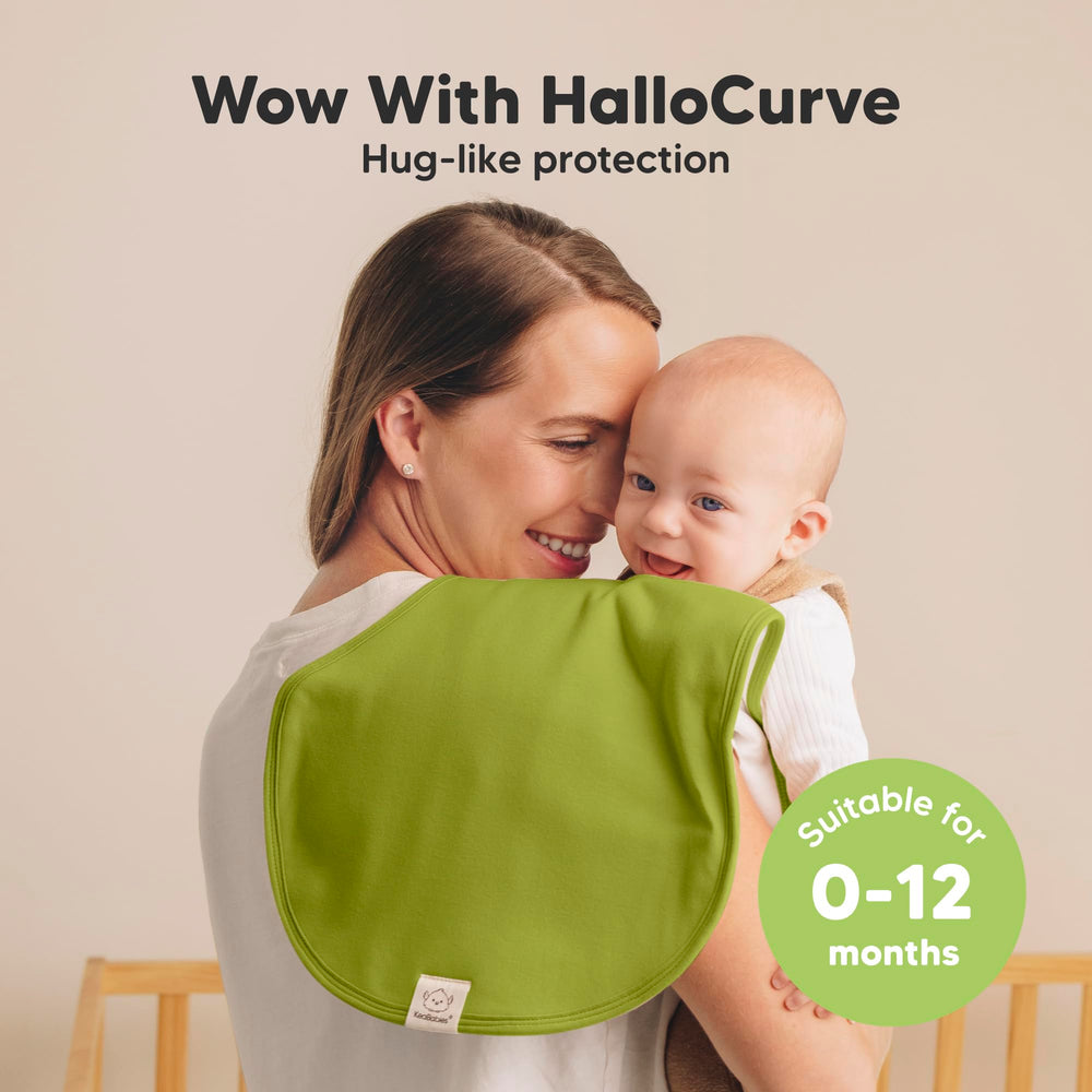 KeaBabies Hallo burp cloth on shoulder demonstrates full coverage with the Hallo Curve design.
