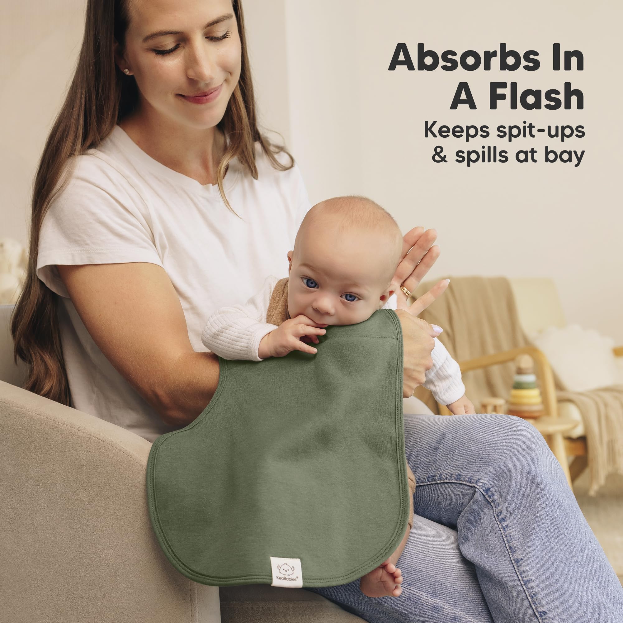 KeaBabies Hallo burp cloth 22x12 size emphasized for extra shoulder coverage.