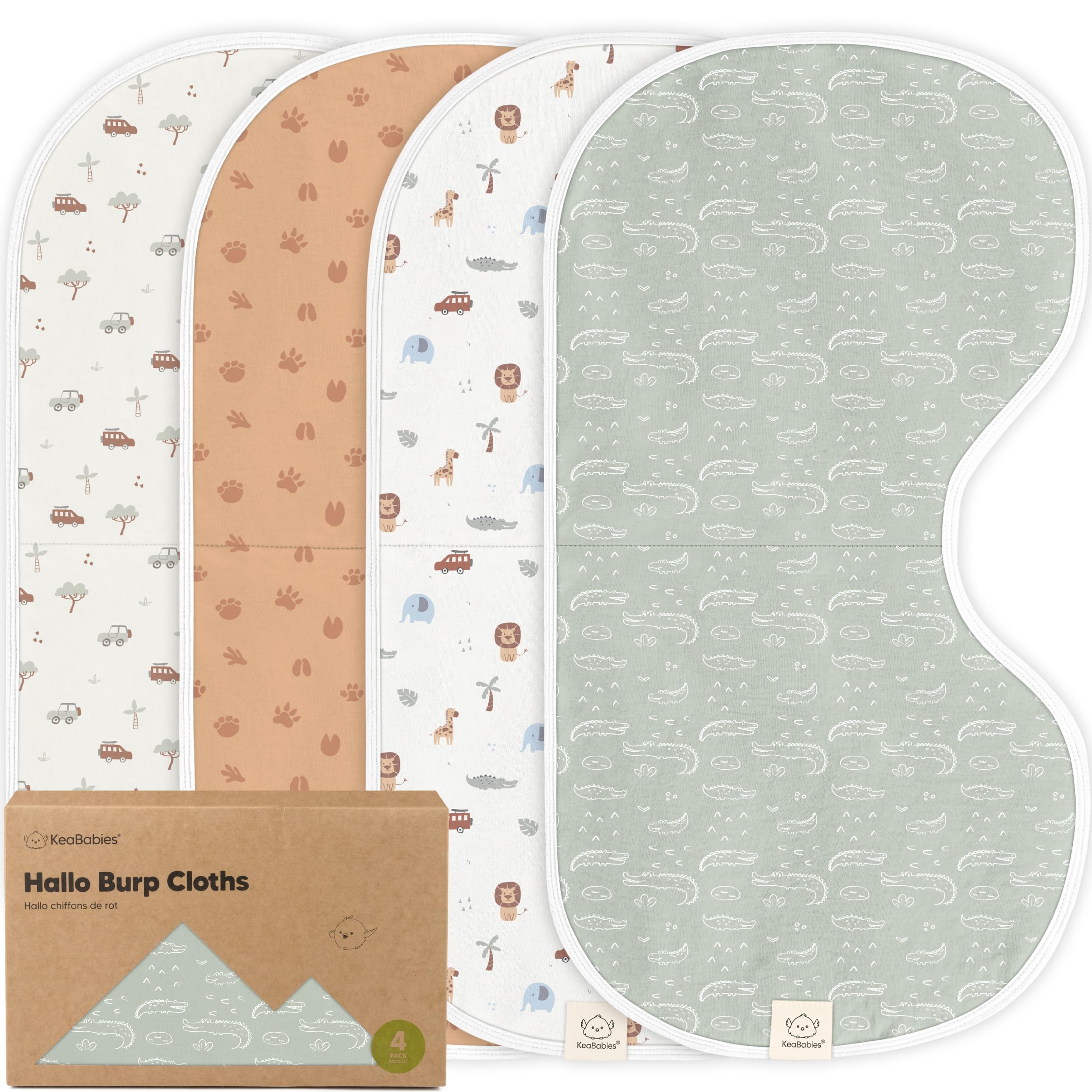 KeaBabies Hallo Burp Cloths 4-pack packaging, ready for gifting and everyday use.
