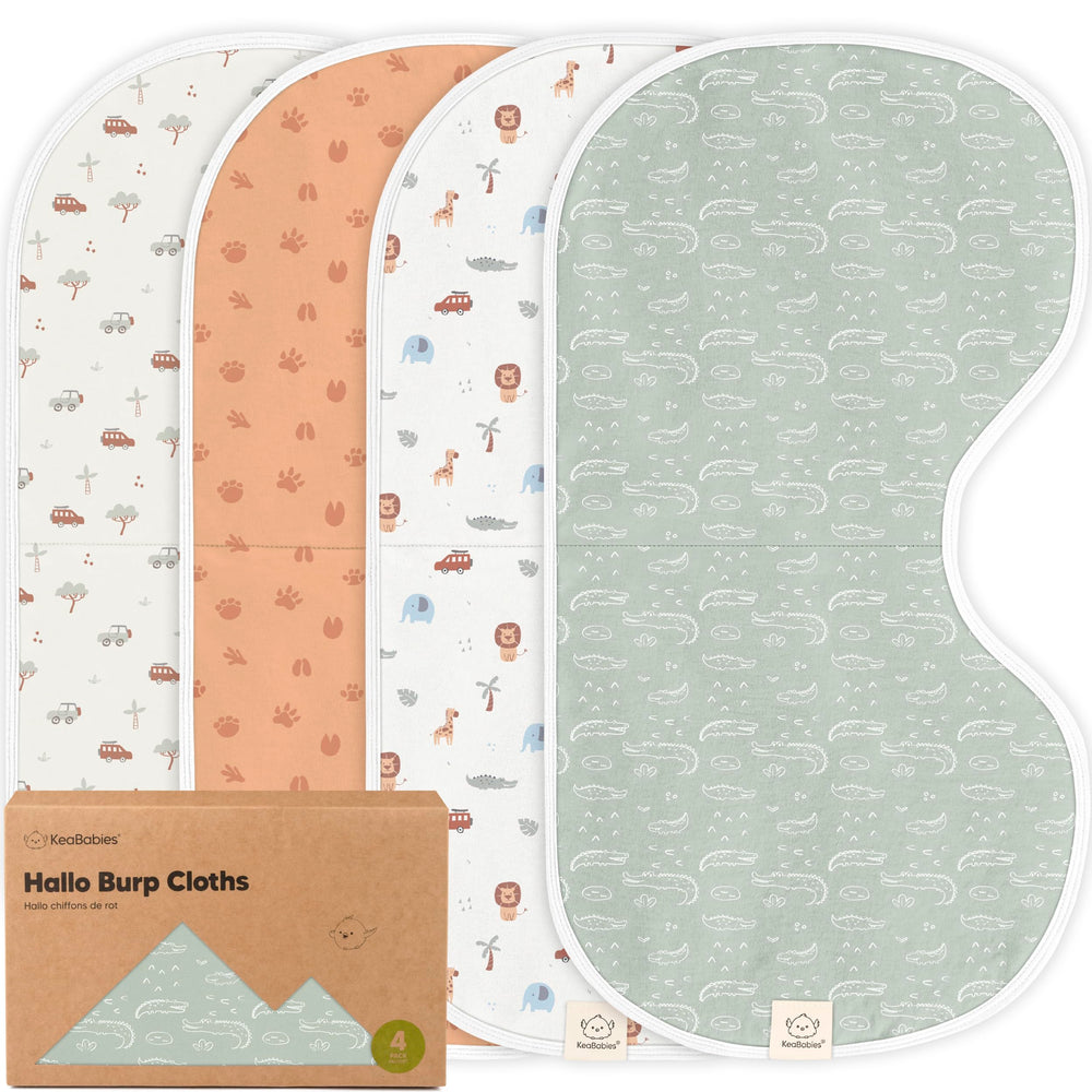 KeaBabies Hallo Burp Cloths 4-pack packaging, ready for gifting and everyday use.