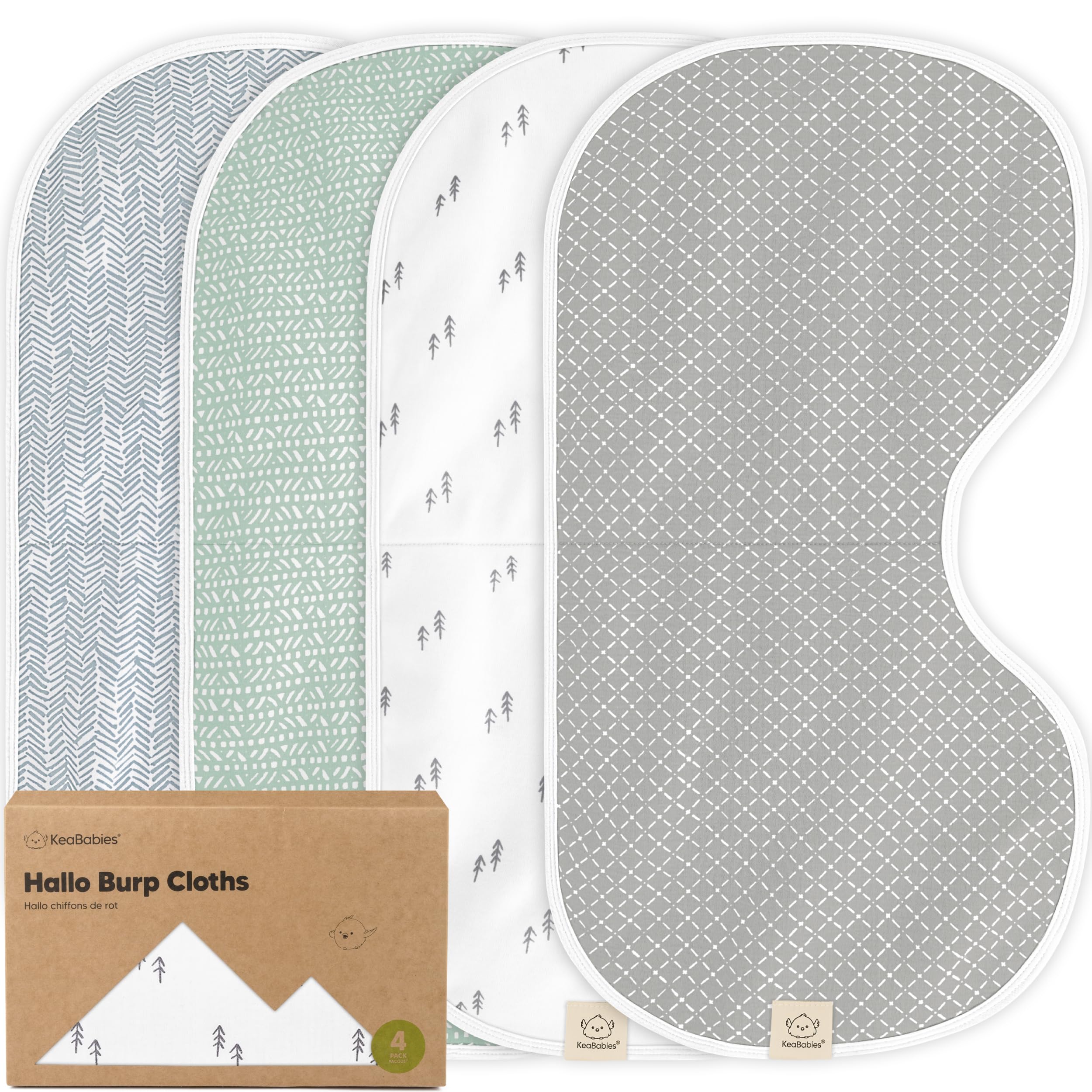 KeaBabies Hallo burp cloths pack overview shows a ready-to-use set for daily feeding.