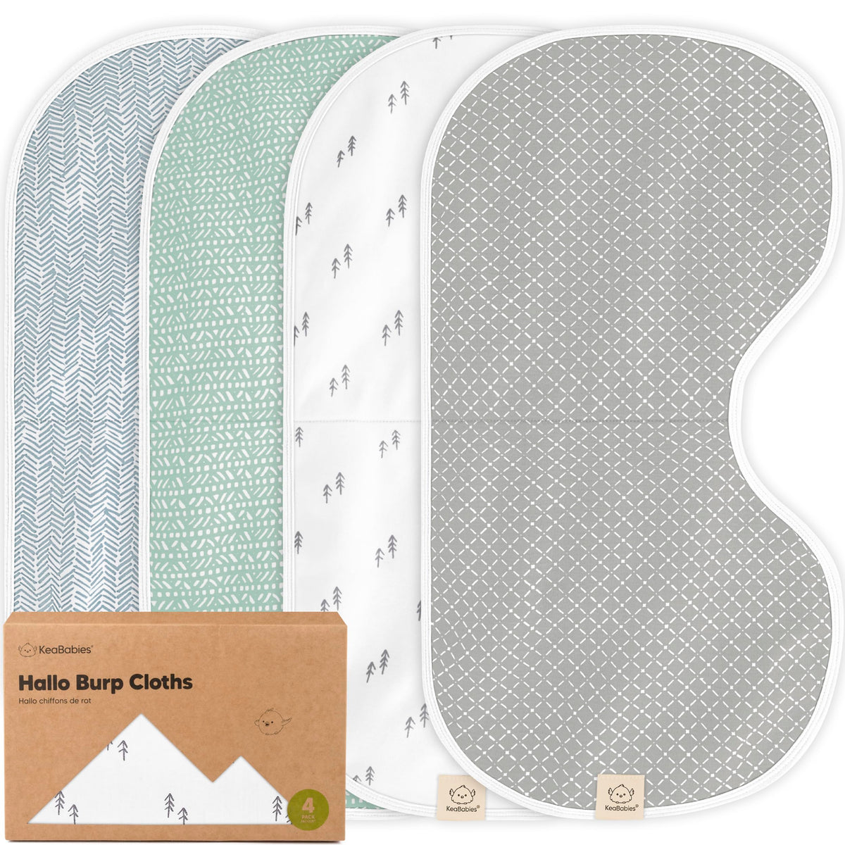 KeaBabies Hallo burp cloths pack overview shows a ready-to-use set for daily feeding.