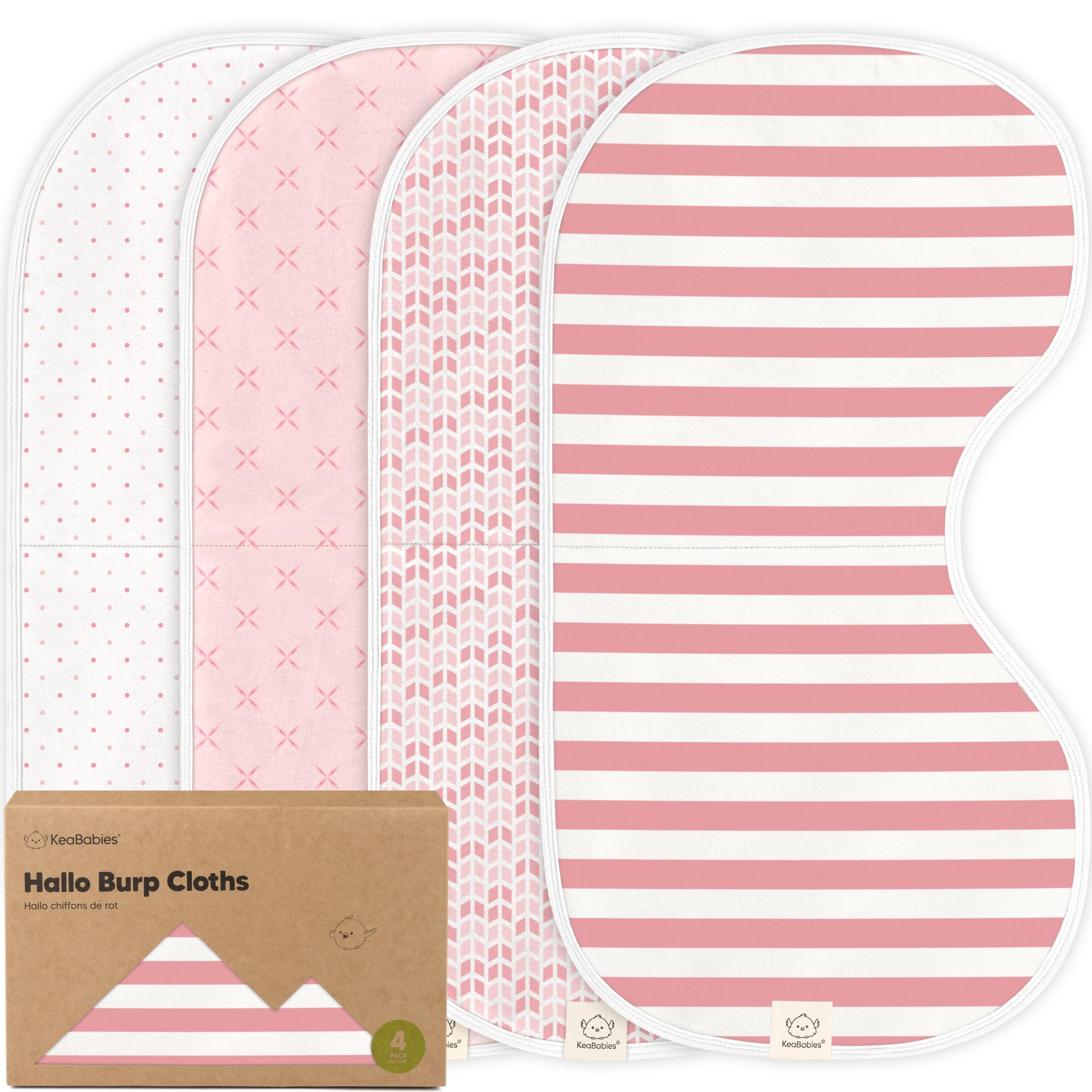 KeaBabies Hallo burp cloths pack shows three-layer absorbent design for reliable spill protection.