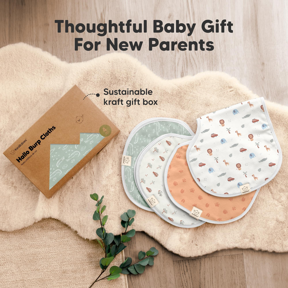 KeaBabies Hallo Burp Cloths paired with bibs for a coordinated baby care routine.