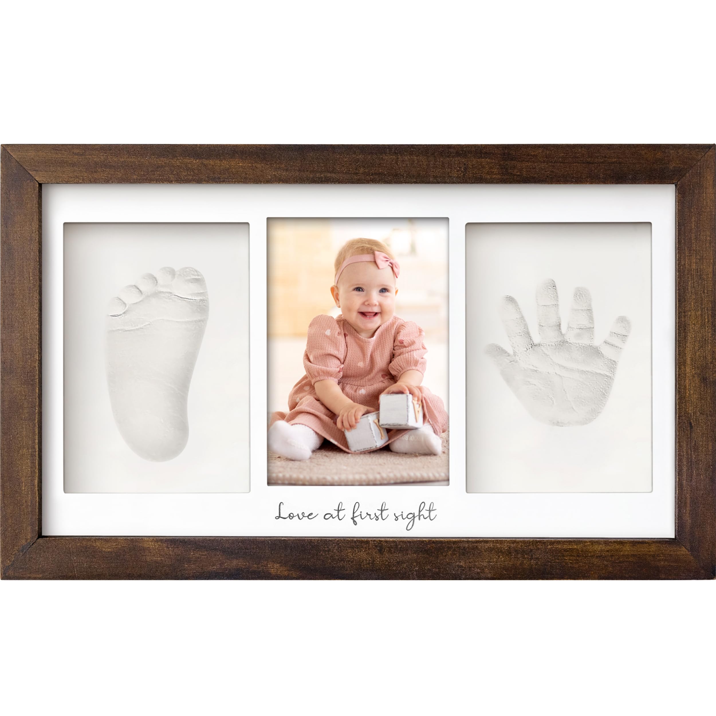 KeaBabies handprint kit in dark walnut frame captures delicate baby memories.