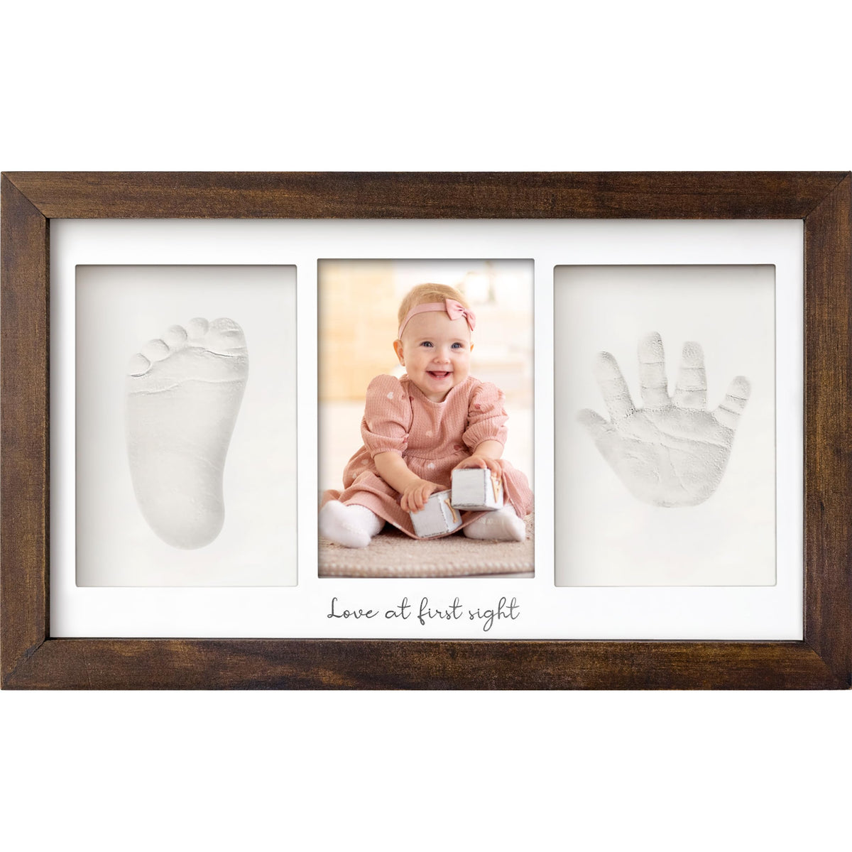 KeaBabies handprint kit in dark walnut frame captures delicate baby memories.