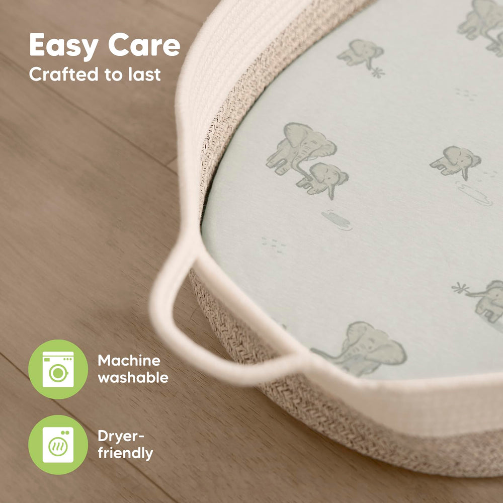 KeaBabies herb bassinet fitting steps image suggests quick sheet changes