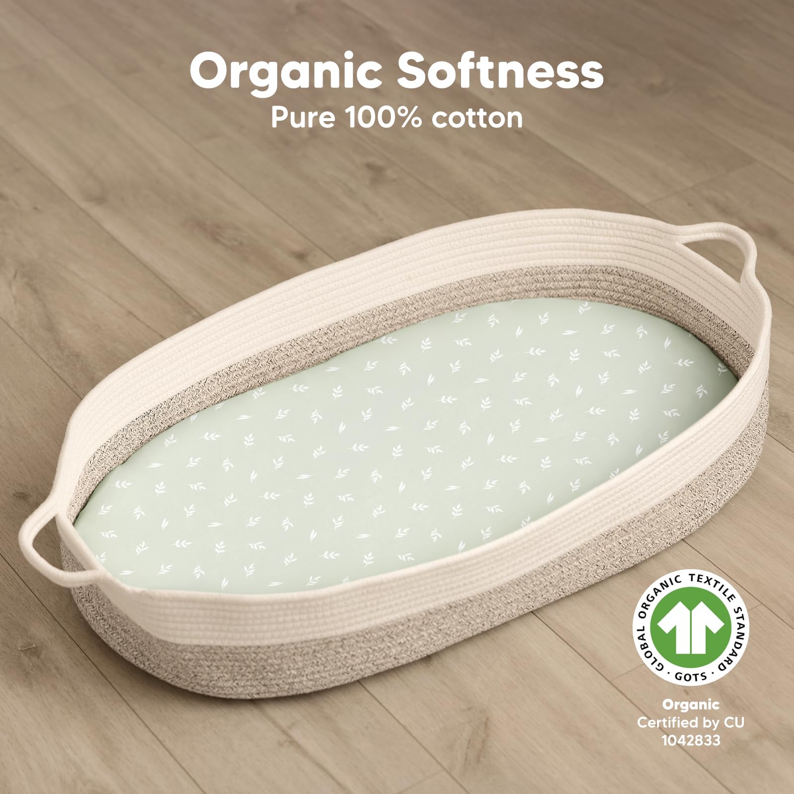 KeaBabies herb bassinet sheets on mattress demonstrate universal fit