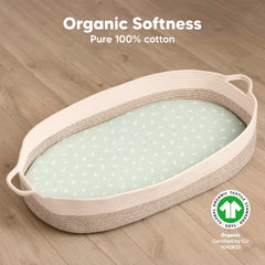 KeaBabies herb bassinet sheets on mattress demonstrate universal fit