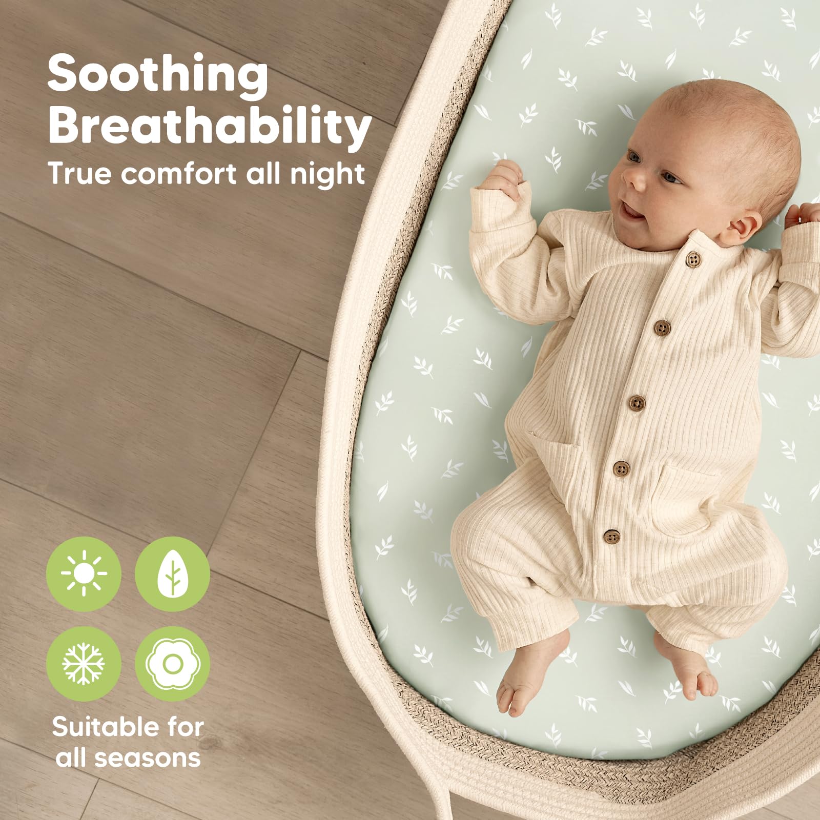 KeaBabies herb elastic band seams detail ensures secure sleeping surface