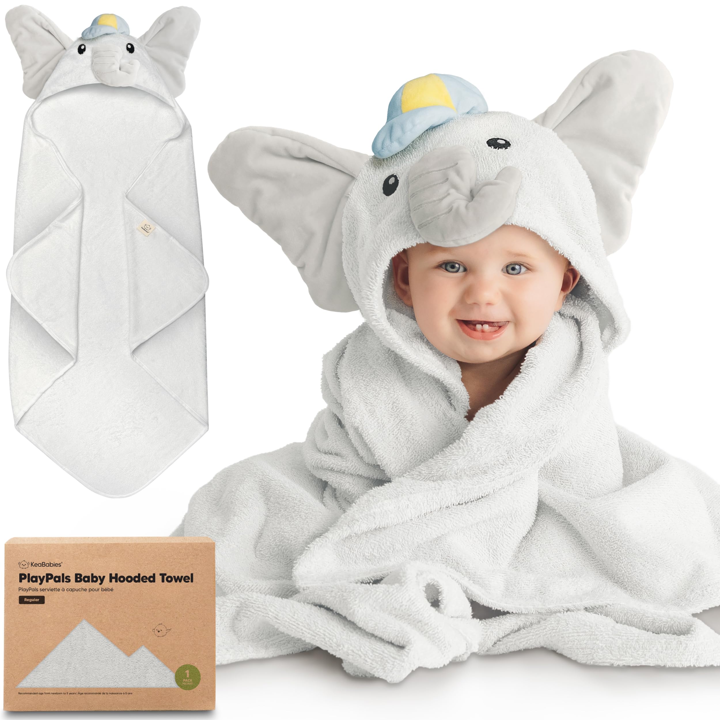 KeaBabies hooded towel with PlayPals animal hoodie closeup for cozy bath time