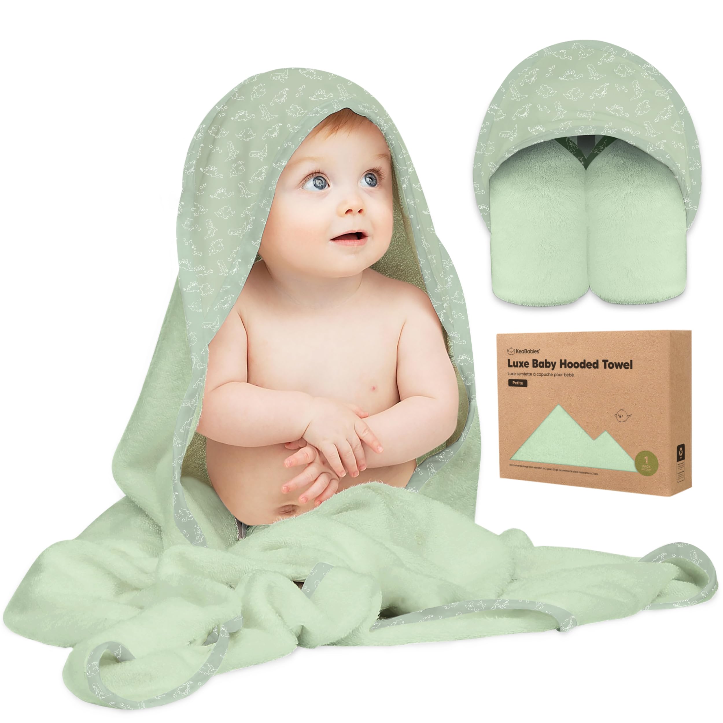 KeaBabies hooded towel Dino flatlay shows large size for quick post-bath dry