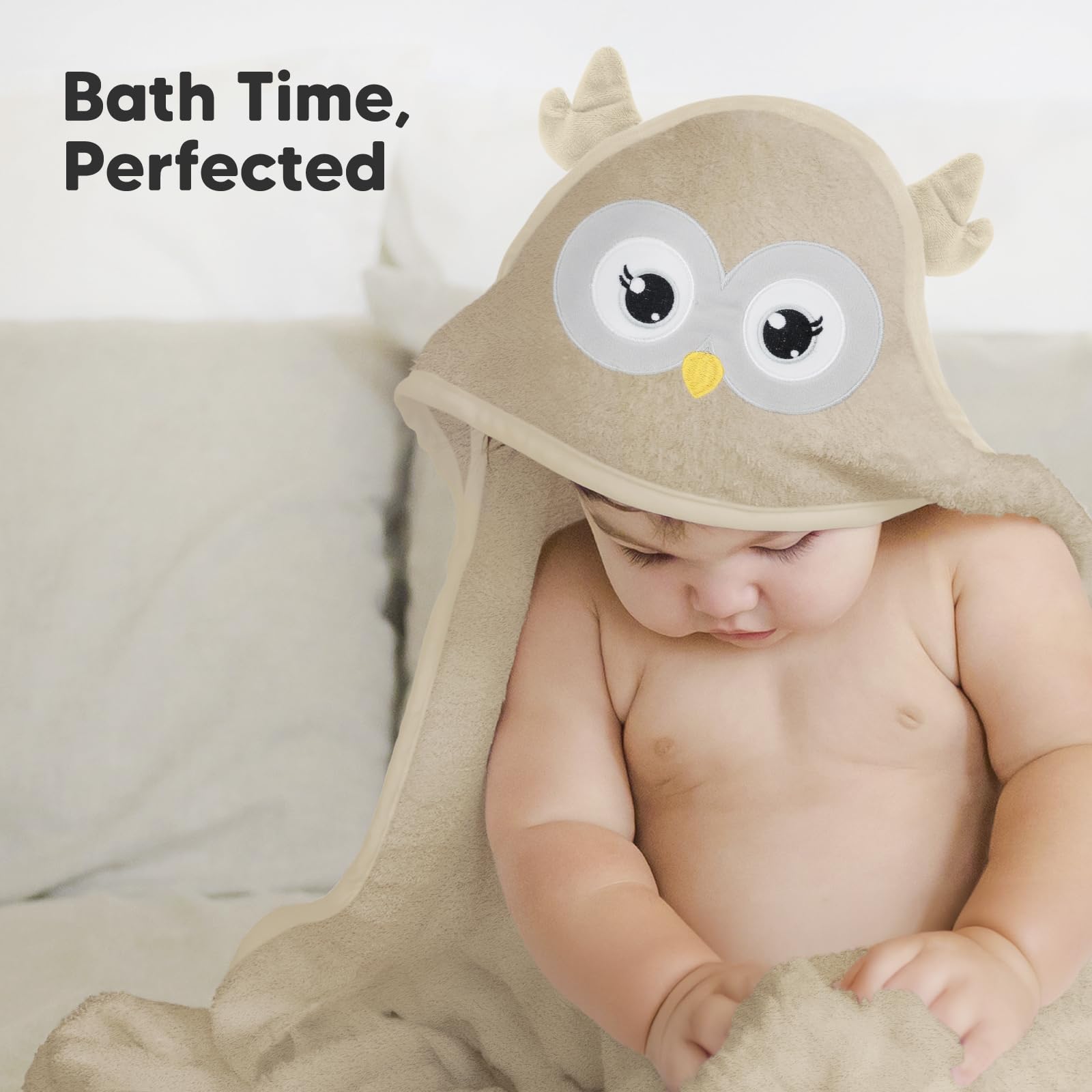 KeaBabies hooded towel Owl design cute and cozy bath time moment.