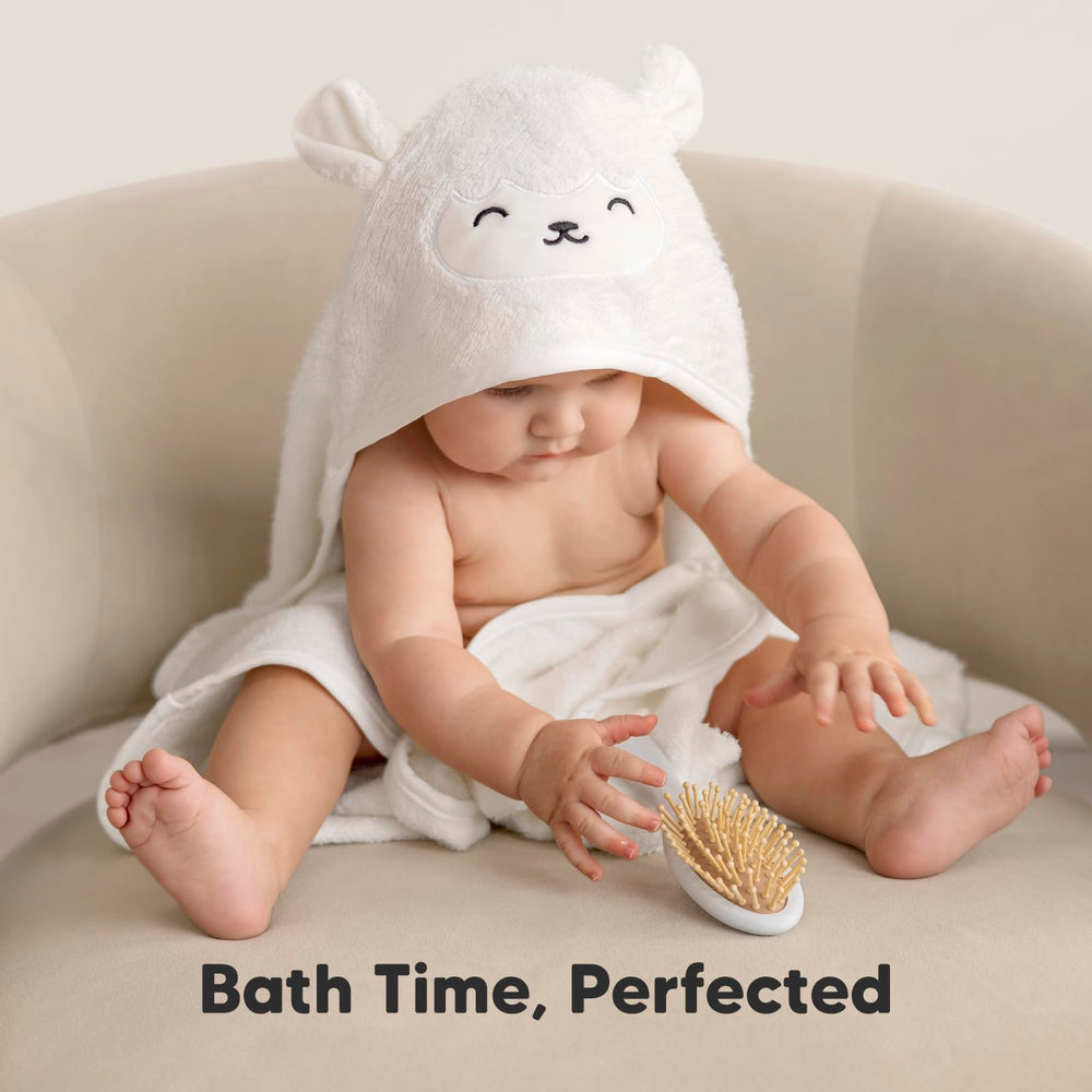 KeaBabies hooded towel bamboo fabric used for gentle post-bath drying.