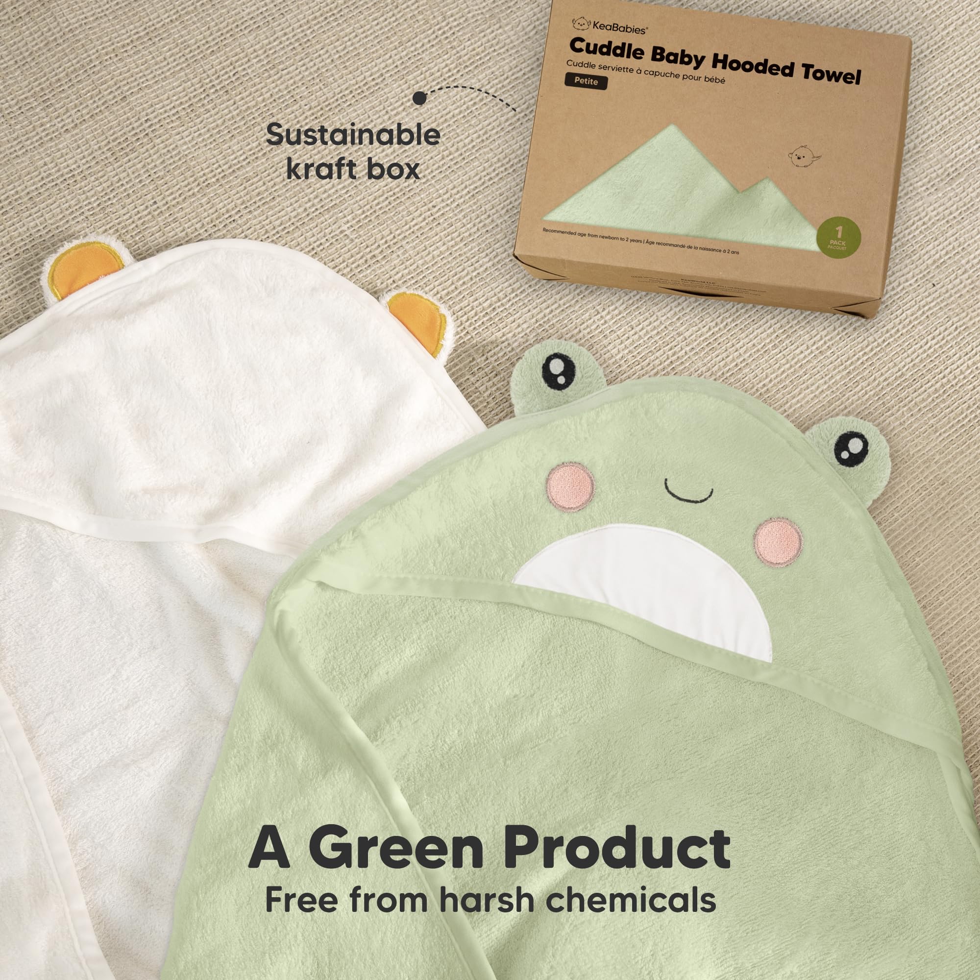 KeaBabies hooded towel after-bath use on toddler shows easy drying.