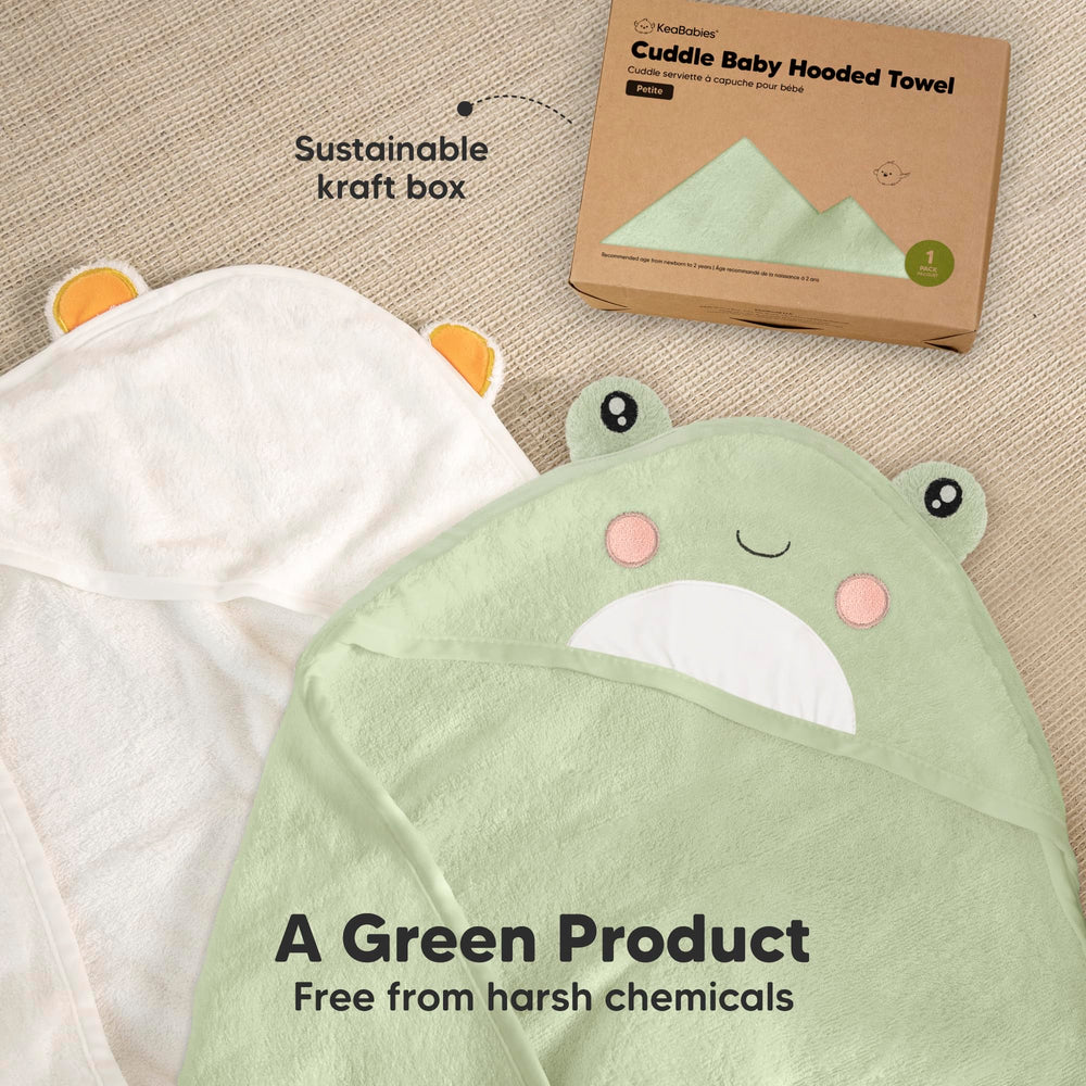 KeaBabies hooded towel after-bath use on toddler shows easy drying.