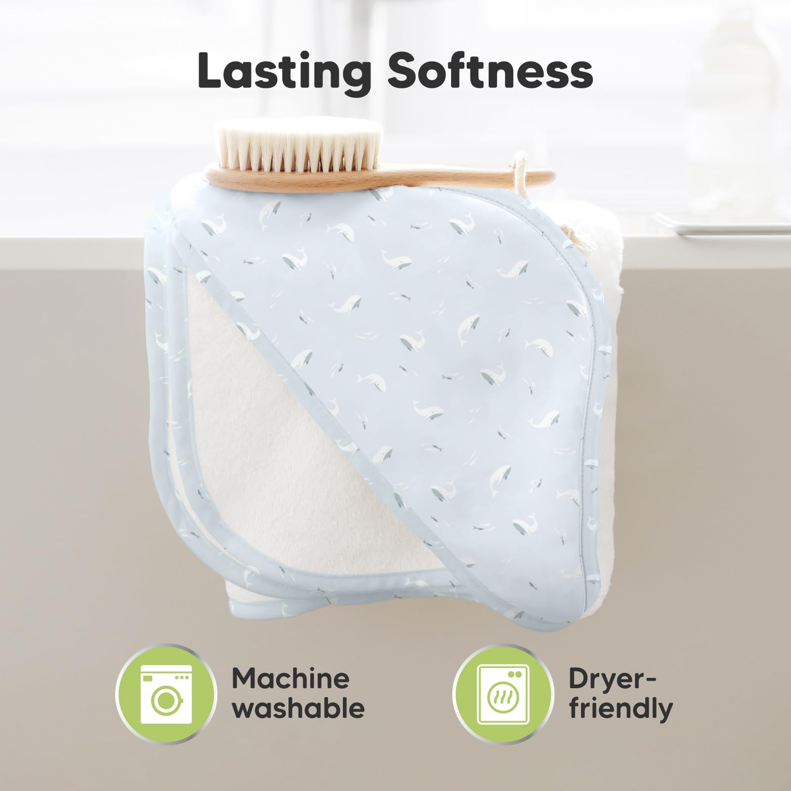 KeaBabies hooded towel blue whale baby in towel after bath