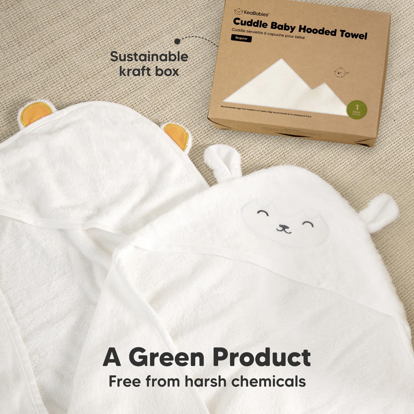 KeaBabies hooded towel machine-washable and dryer-friendly feature visible for busy parents.